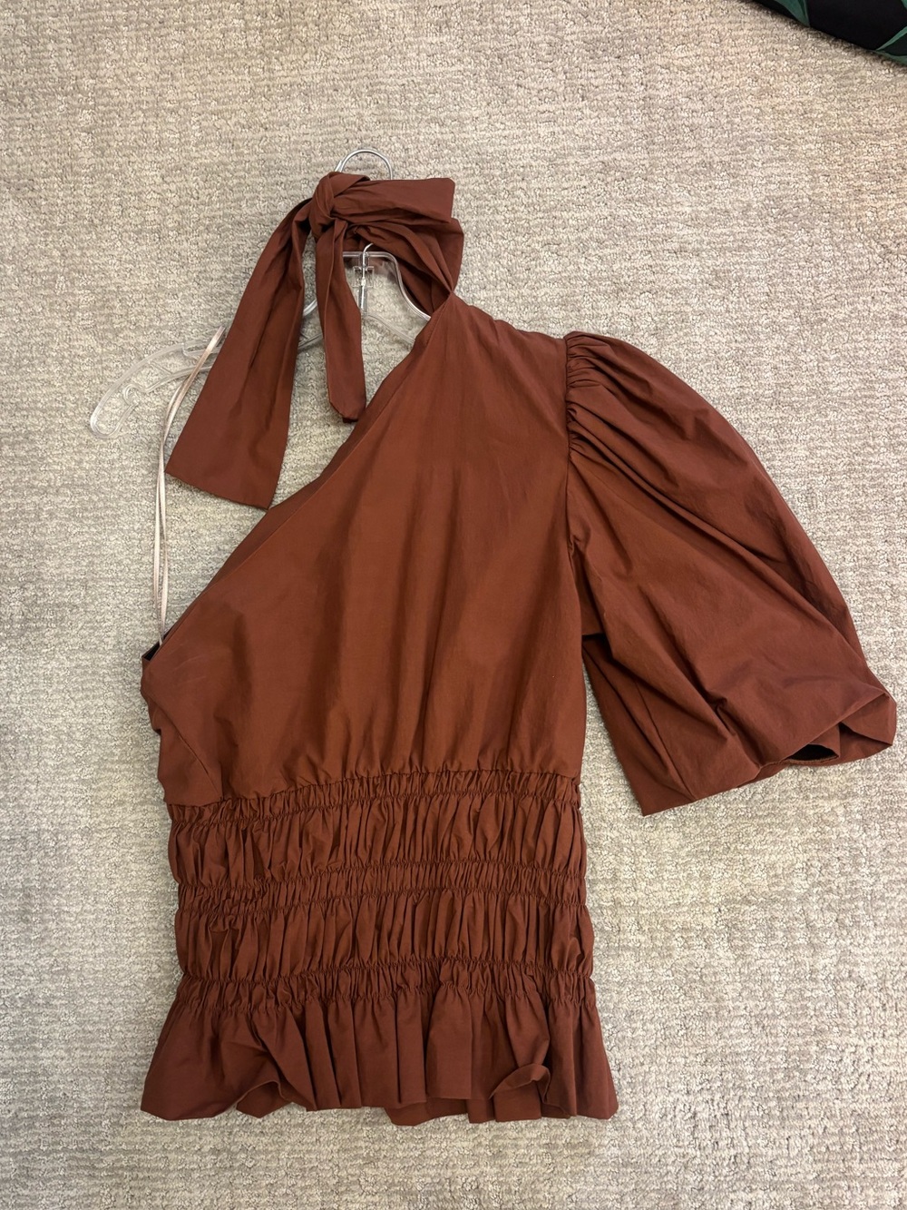 Johanna Ortiz One-Shoulder Rust Top with Puff Sleeve
